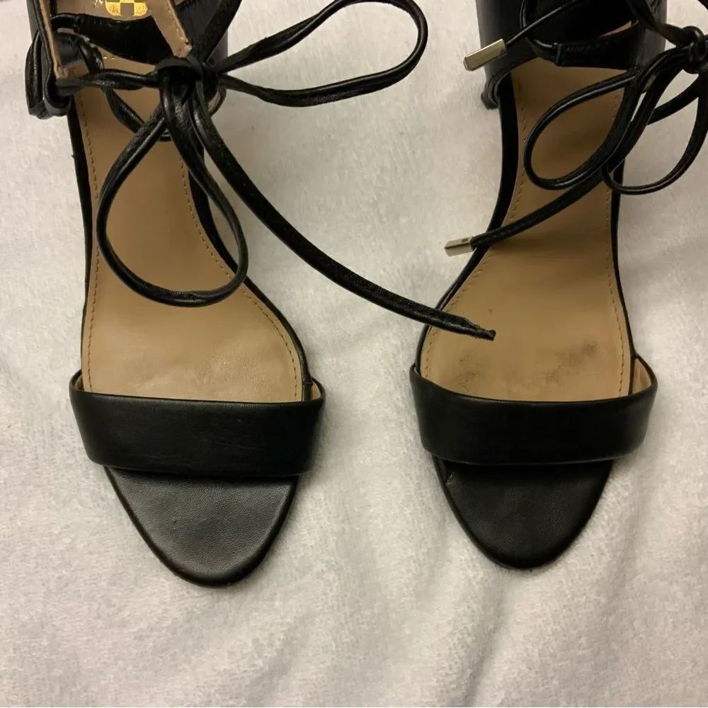 Vince Camuto Celia Black Print Open Toe/Ankle Tie Heels 7M
